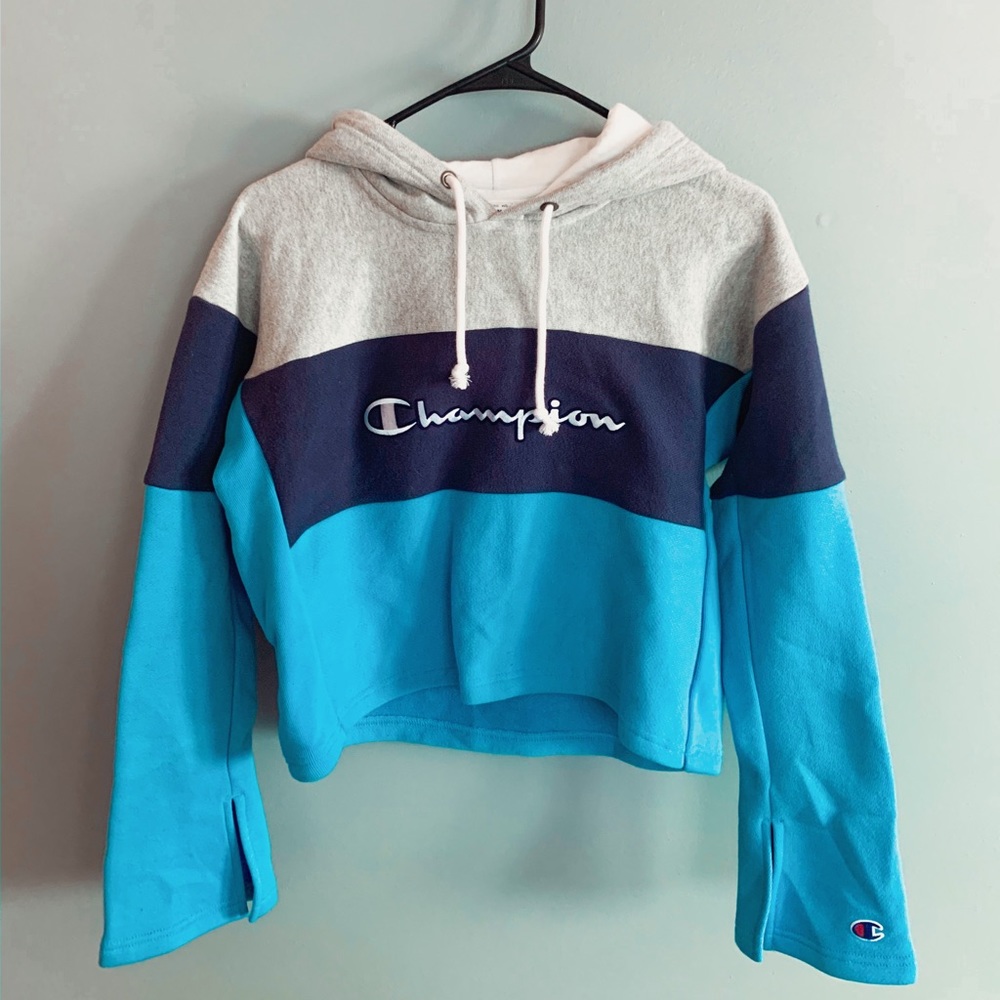 Blue and Grey Champion Color Block Cropped Hoodie
